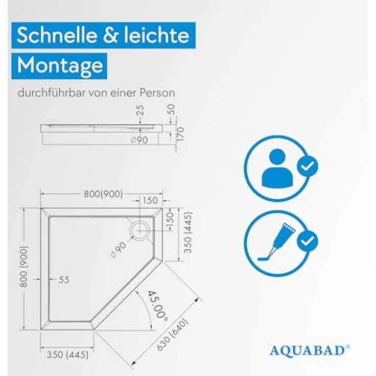 Aquabad® Duschwanne BASIC Smooth White, Fünfeck, Acryl mit Styroporträger, 90x90 cm – Bild 4