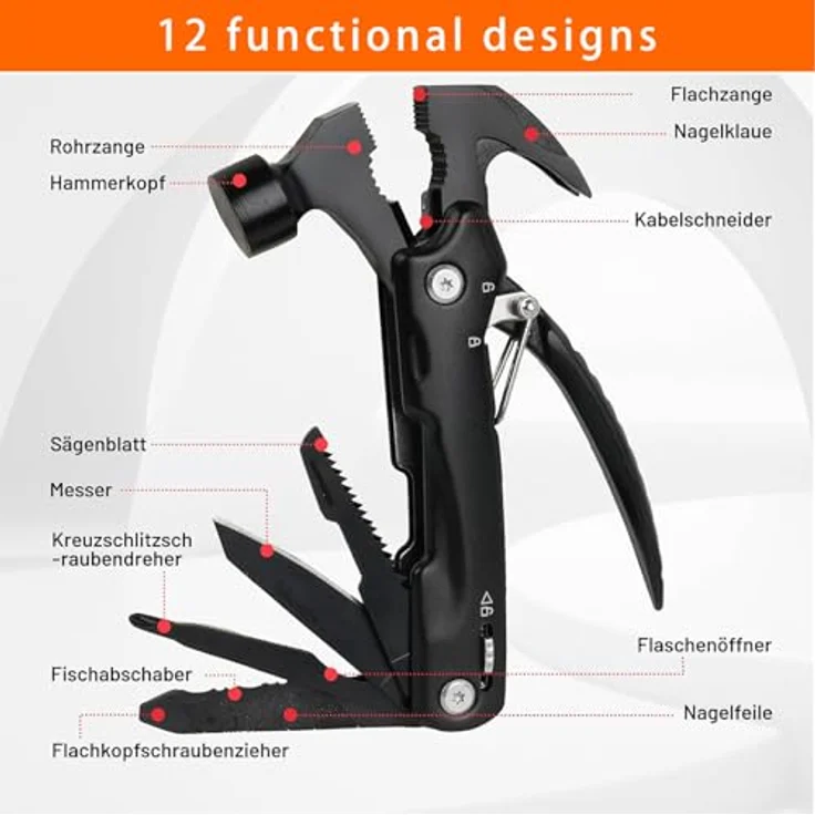 ChaneeHann 12-in-1 Multitool Hammer, Multifunktionswerkzeug aus 3Cr13 Stahl mit ergonomischem Griff und Oxford-Tasche, 2 Stück für Outdoor Camping und Survival – Bild 3