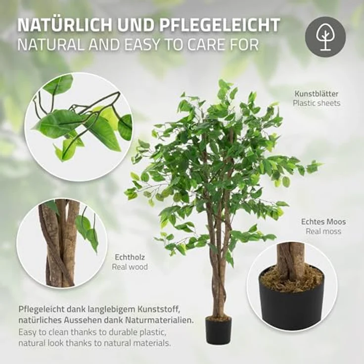 ML DESIGN Kunstpflanze Ficus 120 cm, natürliche Deko Zimmerpflanze mit schwarzem Topf, pflegeleicht und langlebig für Innen/Außen – Bild 3
