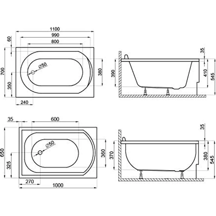 Polimat BADLAND Badewanne Rechteck MINI 110x70 cm, Komplettset mit Weiß Acrylschürze, Füßen und Chrom Automatik Ablaufgarnitur, Made in EU, 4in1 – Bild 5