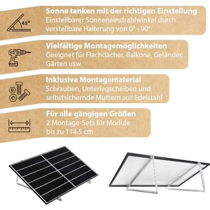 V-CANT-C 4x Solarmodul Halterung mit einstellbarem Neigungswinkel 0°-90°, für Solarmodule bis 114,5 cm, robust und witterungsbeständig, inkl. Montageset aus Edelstahl – Bild 2