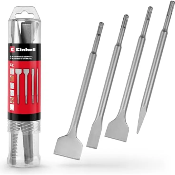 Einhell Original 4-tlg. SDS Plus Meißel-Set, 250 mm (Spitzmeißel, 20 mm Flachmeißel, 40 mm Spatmeißel, 50 mm Fliesenmeißel) aus langlebigem 40Cr Stahl
