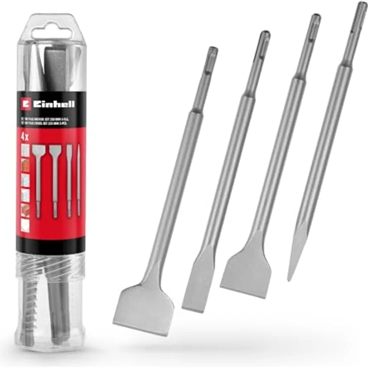 Einhell Original 4-tlg. SDS Plus Meißel-Set, 250 mm (Spitzmeißel, 20 mm Flachmeißel, 40 mm Spatmeißel, 50 mm Fliesenmeißel) aus langlebigem 40Cr Stahl – Bild 1