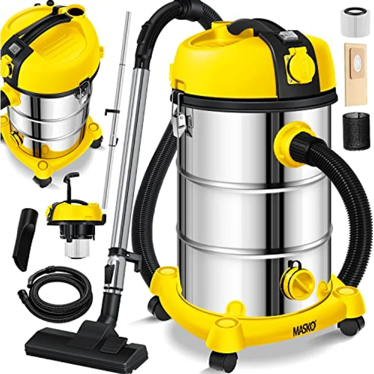 MASKO® Industriestaubsauger Staubsauger Nass Trocken Sauger Edelstahl 2300W + Steckdose | Blasfunktion | Push&Clean | Industrie-mit & ohne Beutel | beutellos Gelb – Bild 1