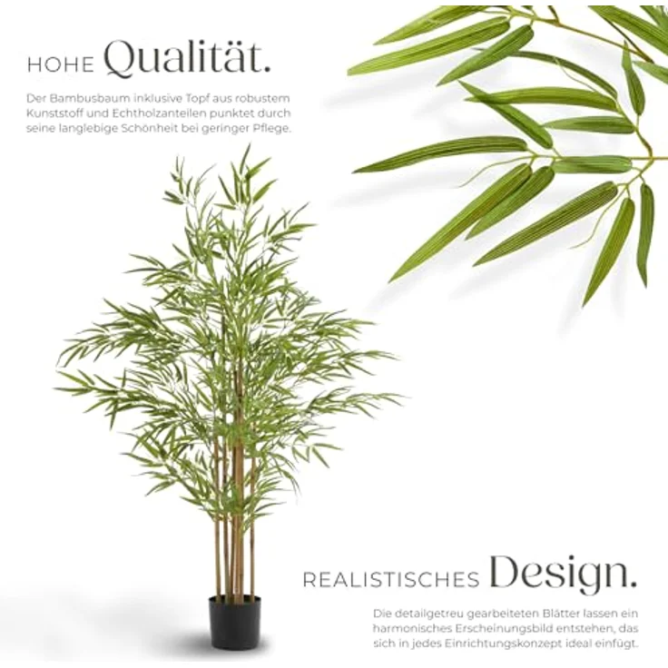 tectake Bambusbaum Bambosa, Künstlicher Baum mit naturgetreuen Blättern, 150 cm, Grün, pflegeleicht, dekorativ – Bild 3