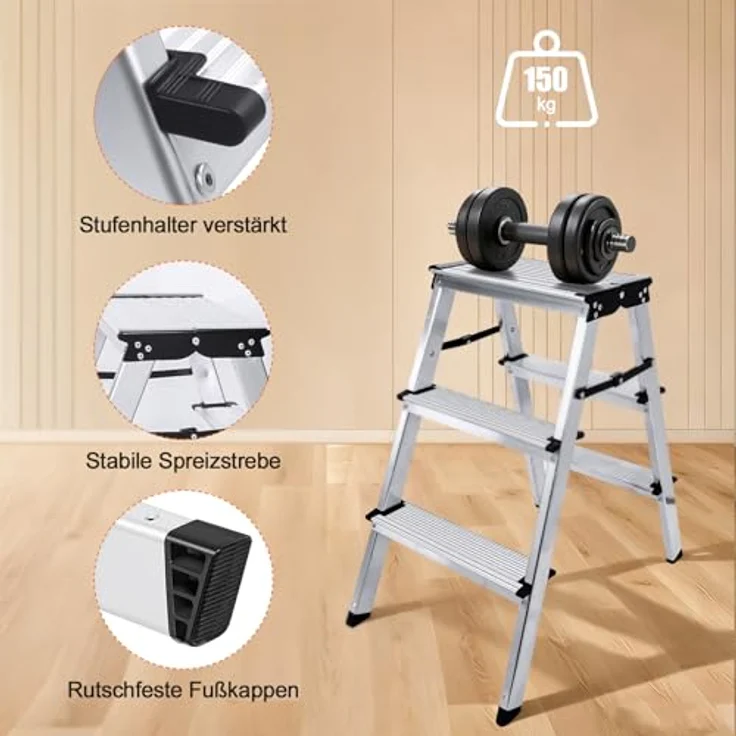 Sweetcrispy Aluminium Stehleiter, Trittleiter mit 3 rutschfesten Stufen, klappbar und leicht, bis 150 kg belastbar, Silber – Bild 4