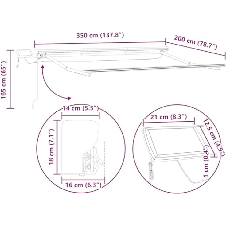 vidaXL Manueller Markisenrahmen mit LEDs, Wetterfest und pulverbeschichteter Aluminiumrahmen, Weiß und Anthrazit, 3,5 x 2 m – Bild 2