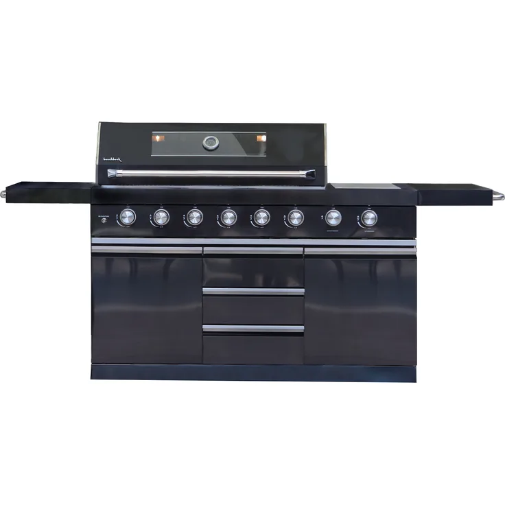 Buschbeck Outdoorküche Chester, schwarz lackierter Edelstahl, 6 leistungsstarke Edelstahlbrenner, Sizzle Zone, Thermometer - B214 x T60 x H119 cm