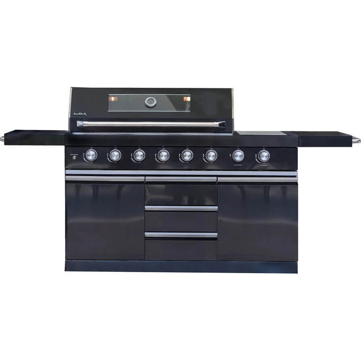 Buschbeck Outdoorküche Chester, schwarz lackierter Edelstahl, 6 leistungsstarke Edelstahlbrenner, Sizzle Zone, Thermometer - B214 x T60 x H119 cm