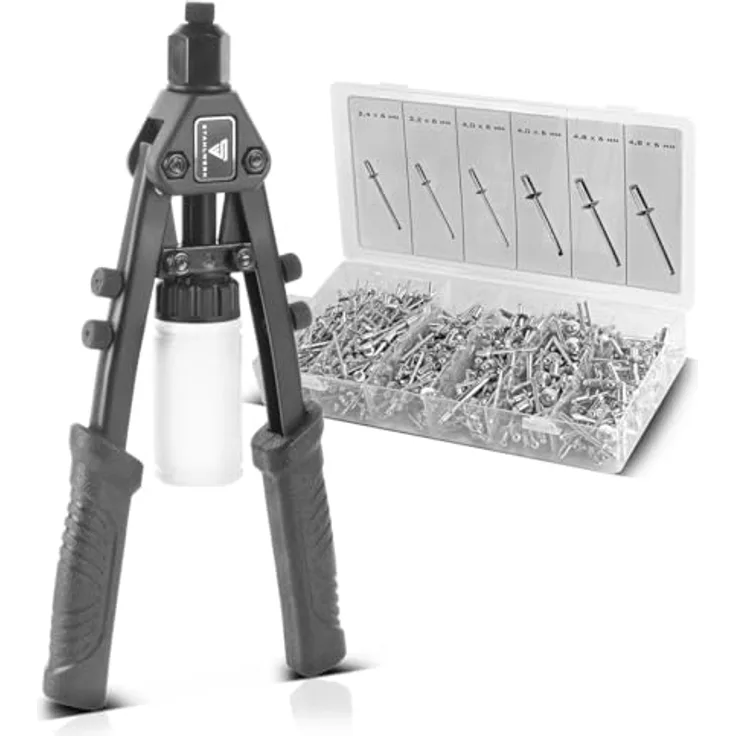 STAHLWERK Nietzangen-Set HNZ-280 ST, Blindnietzange mit 5 Wechsel-Aufsätzen und 500 Blindnieten, ergonomischer Griff für optimale Kraftübertragung