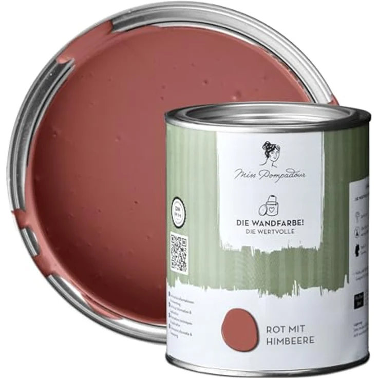 MissPompadour Wandfarbe Rot mit Himbeere, matte Innenfarbe mit sehr hoher Deckkraft, 1 L, geruchsneutral und spritzfrei, wasserbasiert – Bild 1