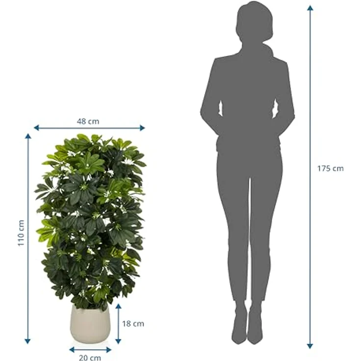 hjh OFFICE Kunstpflanze Schefflera 2 – 110 cm hoch, täuschend echt aus hochwertigem Kunststoff-Mix, pflegeleicht & geruchslos, incl. cremeweißem Kunststoff-Topf mit Zementfuß – Bild 3