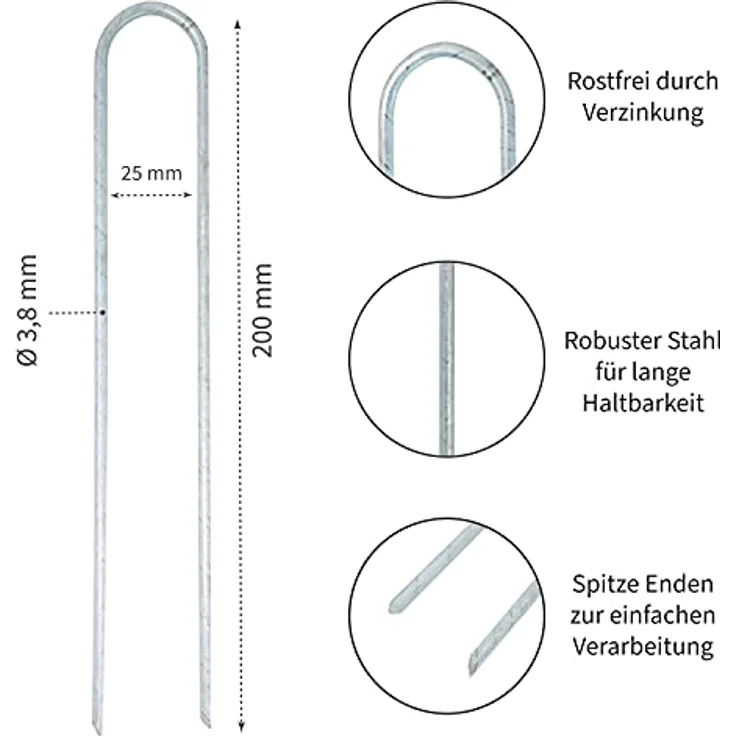 ToCi 50 Stück Erdanker 200 x 25 mm - Verzinkt, Stahldraht, Ø 3,8mm - Bodenanker zur Befestigung von Unkrautvlies, Folien, Schläuchen in harten Böden – Bild 2