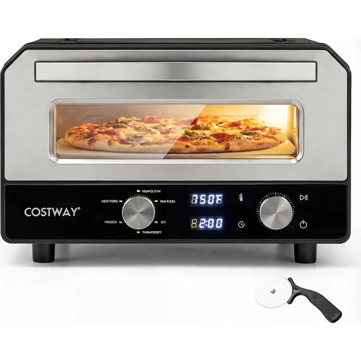 COSTWAY Pizzaofen, elektrisch mit 1700W, 6 Voreinstellungen, bis zu 400℃, Schwarz
