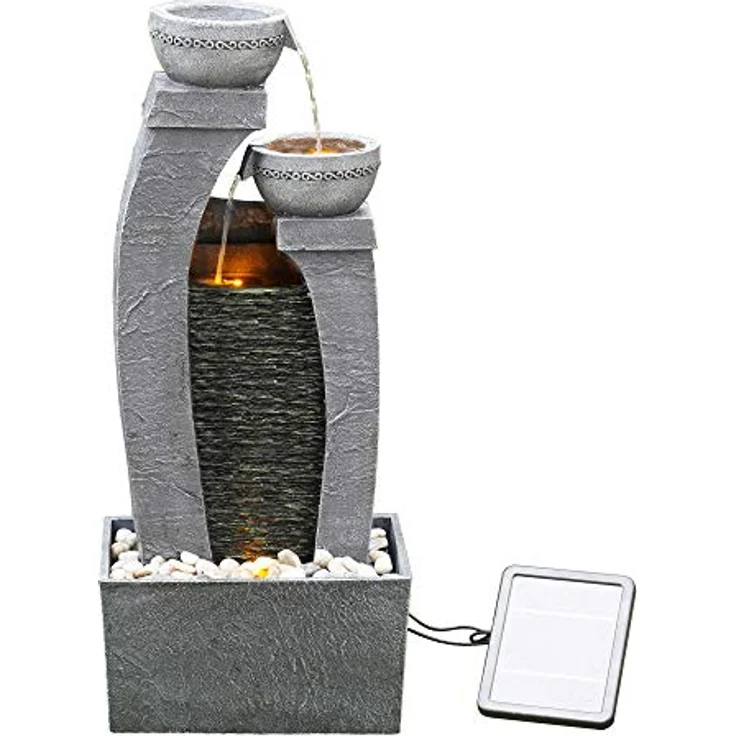 Teamson Home Gartenbrunnen Solarbrunnen, 76 cm hoher Polyresin Wasserfallbrunnen mit 3 Ebenen in Grau, verstellbares Solarpanel und beleuchtete Schalen – Bild 1