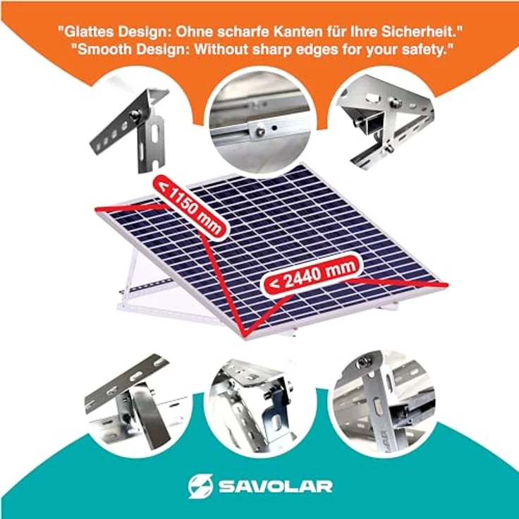 SAVOLAR 2 Paar Solarmodul Halterung Balkonkraftwerk bis 117cm (46 Zoll) Winkel Einstellbar 0-90°, Robuste Neigungshalterungen, Aluminiumlegierung, silber – Bild 2