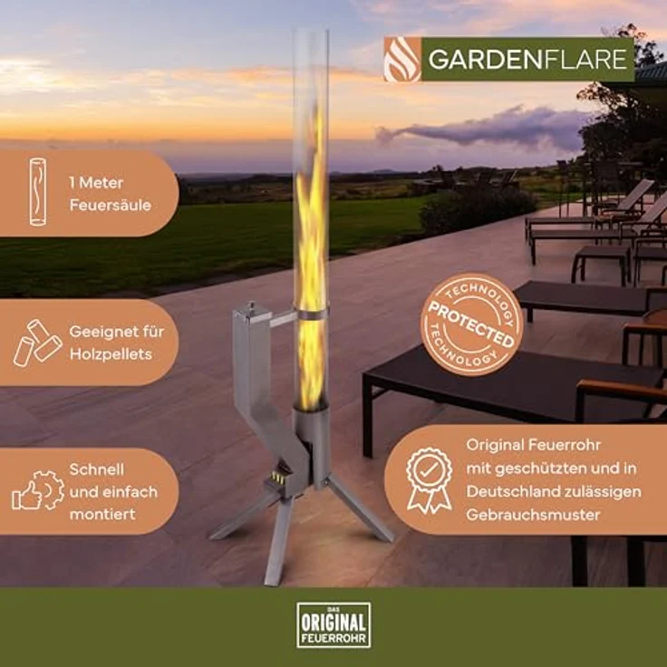 GARDENFLARE Feuerrohr – Edelstahl Feuersäule und Pelletfackel für Tolles Ambiente-Feuer (Silber) – Bild 3
