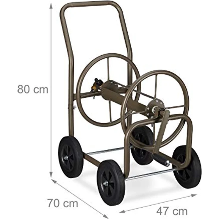 Relaxdays Schlauchwagen XL, fahrbare Schlauchtrommel Metall, 2x 3-4 Anschlüsse, für 60m Schlauch, 90° Abrollen, braun – Bild 4