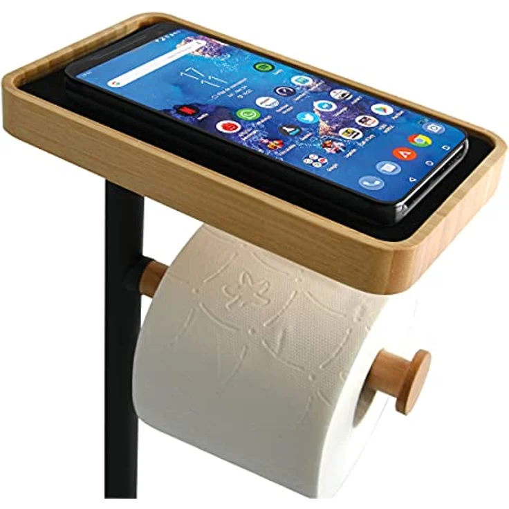 MSV Stand WC Garnitur WC Bürste Rollenhalter Toilettenbürste Klobürste Klopapierhalter aus Bambus Schwarz 4in1 mit Ablage für Feuchttücher und Smartphone Teiki – Bild 4