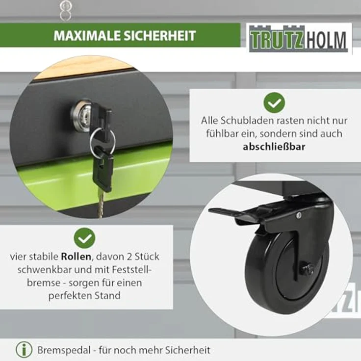 TRUTZHOLM Werkstattwagen Star XL 12 Schubladen Stahl schwarz/grün 103 x 112 cm max. Traglast: 750 kg, verschließbare Schubladen, robustes Design – Bild 5