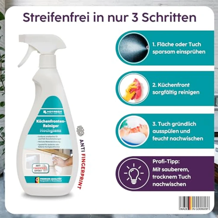 HOTREGA® Küchenfronten Reiniger hochglanz, pH-neutral, fettlösend & streifenfrei, 500 ml – Bild 3