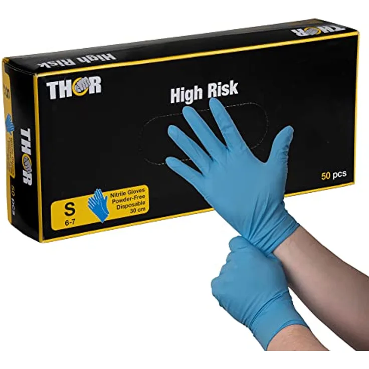 THOR High Risk Nitrilhandschuhe 50 Stück (30 cm, Größe S) | Blaue Einmalhandschuhe zum Kochen Putzen uvm | Einweghandschuhe ohne Puder | Latexfreie Handschuhe Nitril Gloves