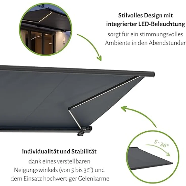 empasa Elektrische Vollkassettenmarkise 'Profi' mit LED Beleuchtung Kassettenmarkise Gelenkarmmarkise Markise Sonnenmarkise Sonnenschutz – Bild 4