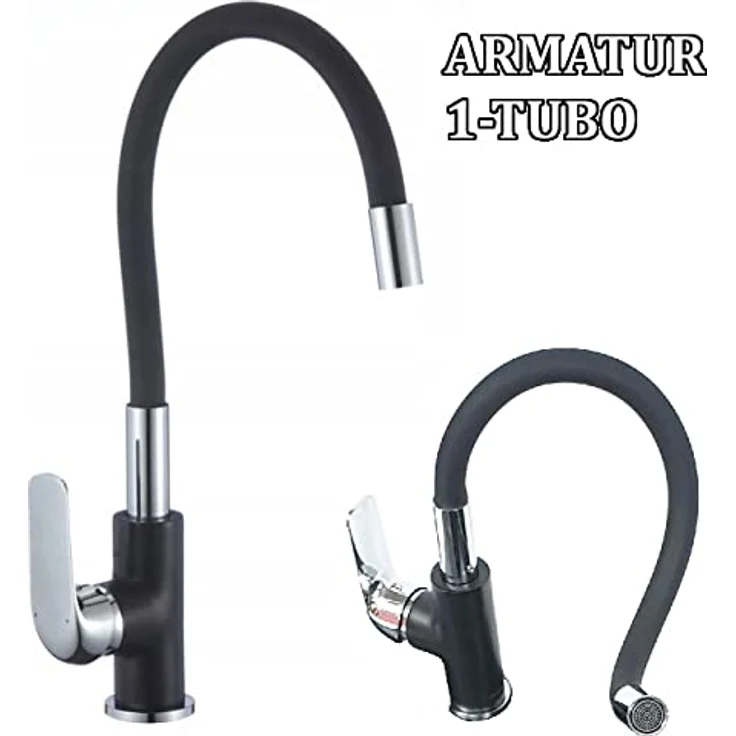 Lindbergh Spülen Rein Schwarz Granit Spüle mit Armatur "VEL44 + 1-Tubo" + Siphon Einbauspüle Küchenspüle Spülbecken + DREHEXCENTER - MADE IN GERMANY (3. Spüle VEL44 + Armatur 1-Tubo) – Bild 3