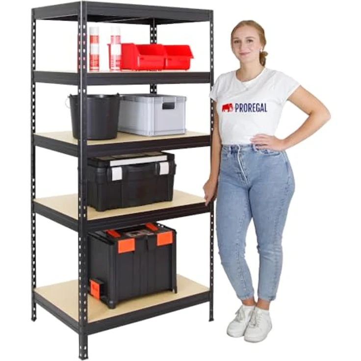 Proregal Schwerlastregal Rivet, 180 x 90 x 60 cm, 5 Böden, Traglast 250 kg pro Boden, Schwarz – Bild 5