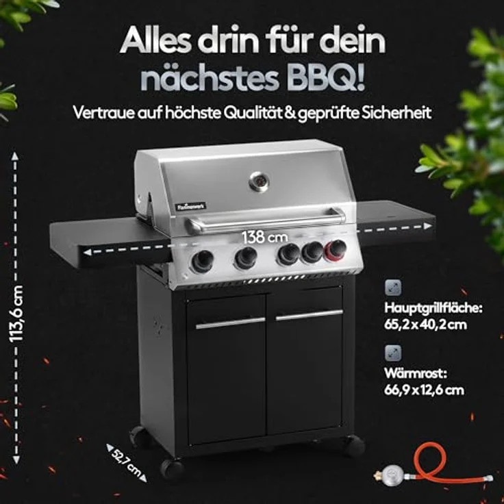 NTG Gasgrill FWGG.1354, 4 + 1 Brenner mit 17 kW Gesamtleistung, LED-Beleuchtung, Seitenkochfeld & Piezo-Zündung, Gusseisen-Grillrost, Edelstahl-BBQ Grillwagen – Bild 6