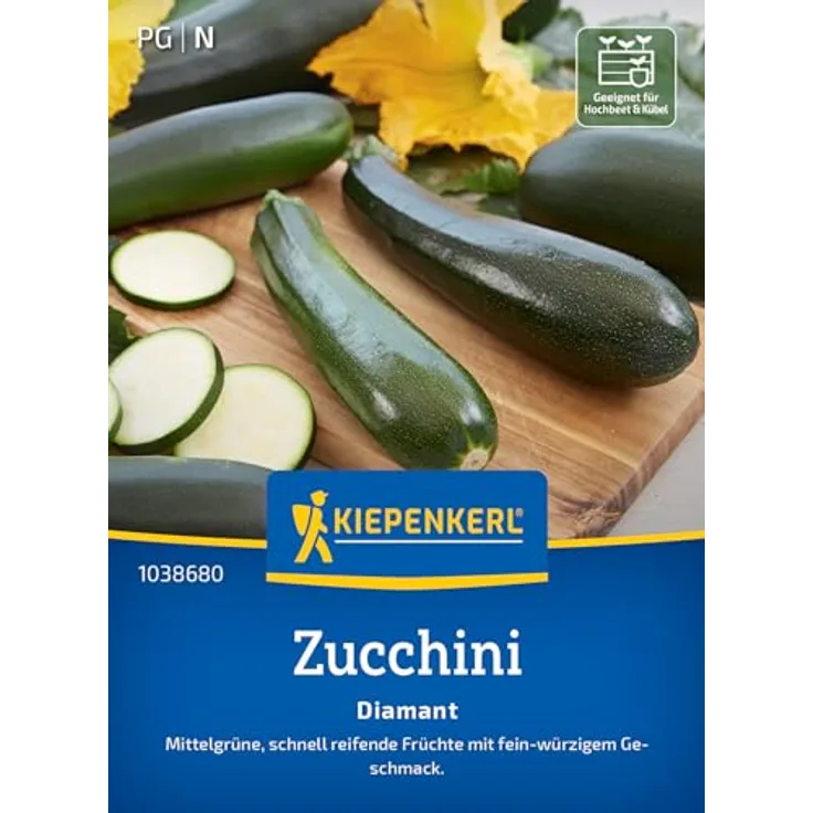 Kiepenkerl Zucchini Diamant F1-Hybride, dunkelgrüne Früchte mit hellgrünen Flecken, ertragreich bis zum Frost, nicht rankend