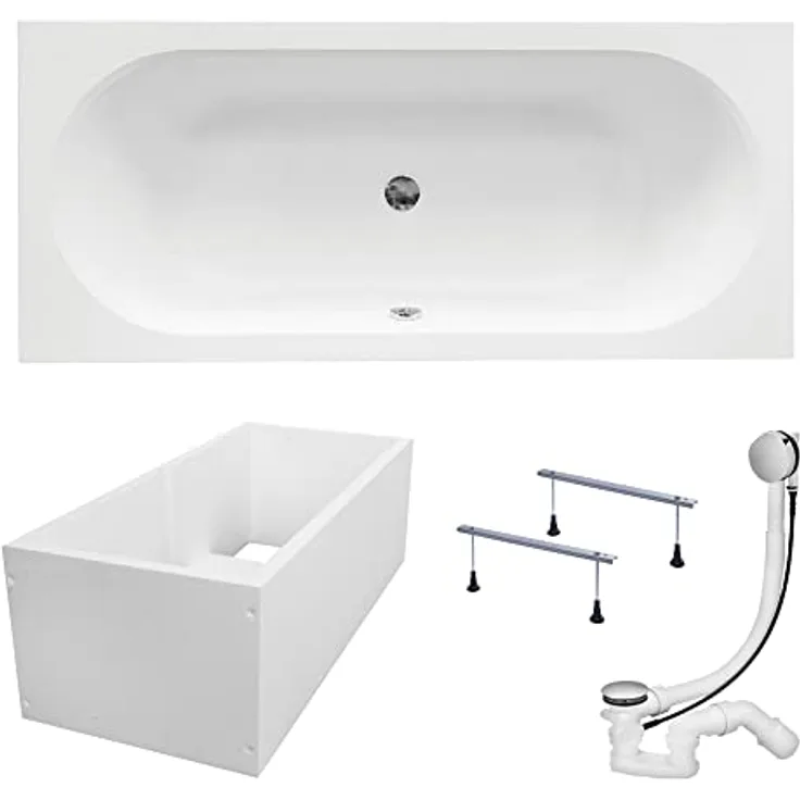 KOLMAN VITAE Badewanne Rechteck 160 x 75 cm, Acryl mit Wannenträger, antibakterieller Beschichtung und automatischem Siphon