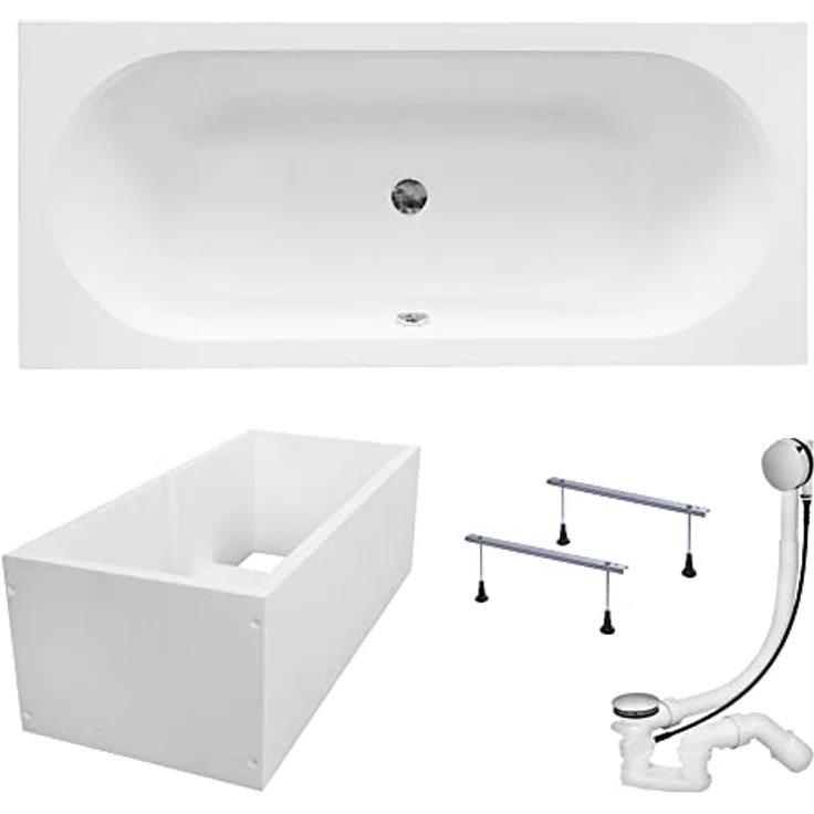 KOLMAN VITAE Badewanne Rechteck 160 x 75 cm, Acryl mit Wannenträger, antibakterieller Beschichtung und automatischem Siphon – Bild 1