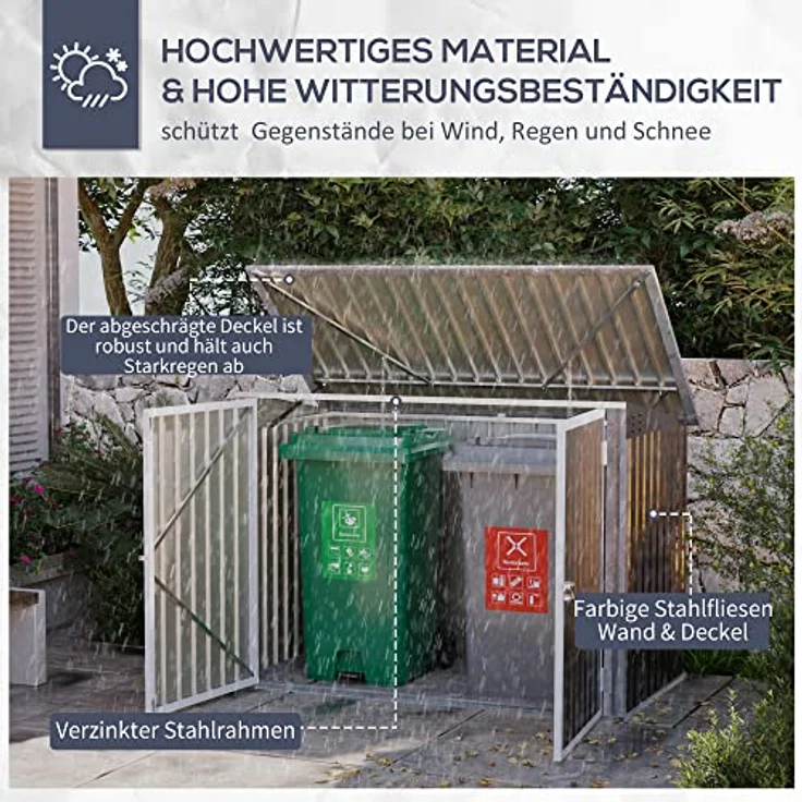 Outsunny Mülltonnenbox Storer abschließbar Gerätebox für 2 Mülltonnen Stahl 178,5 x 104,5 x 128,5/113 cm Schwarz - Wetterfest mit Geruchsverminderung – Bild 4