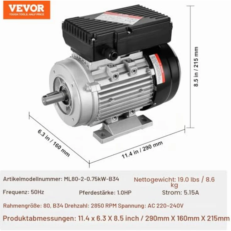 VEVOR 0,75 kW Elektromotor, einphasig, 2850 U/min, AC 220-240 V, 5,15 A, B34-Rahmen, 19 mm Keilwelle, Rechts-/Linkslauf, ideal für landwirtschaftliche Maschinen und Geräte – Bild 7