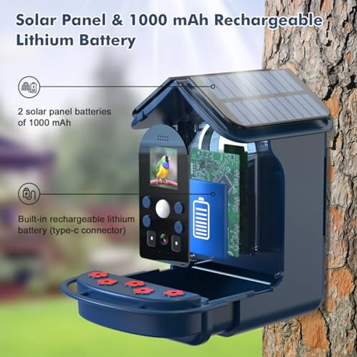 Bozily 1080P Vogelhaus mit Kamera, IP65 wasserdicht, PIR Infrarotsensor, Nacht- und Tagaufnahme, inkl. 32G SD-Karte, Kolibri-Futterautomat und Wasserspüle – Bild 4