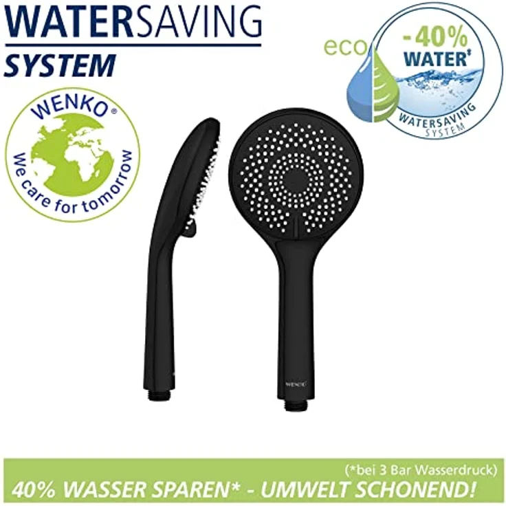 WENKO Handbrause Watersaving, Schwarz matt, Ø 11 cm, Nachhaltige Duschbrause mit Regen-, Massage- und Intensivfunktion – Bild 2