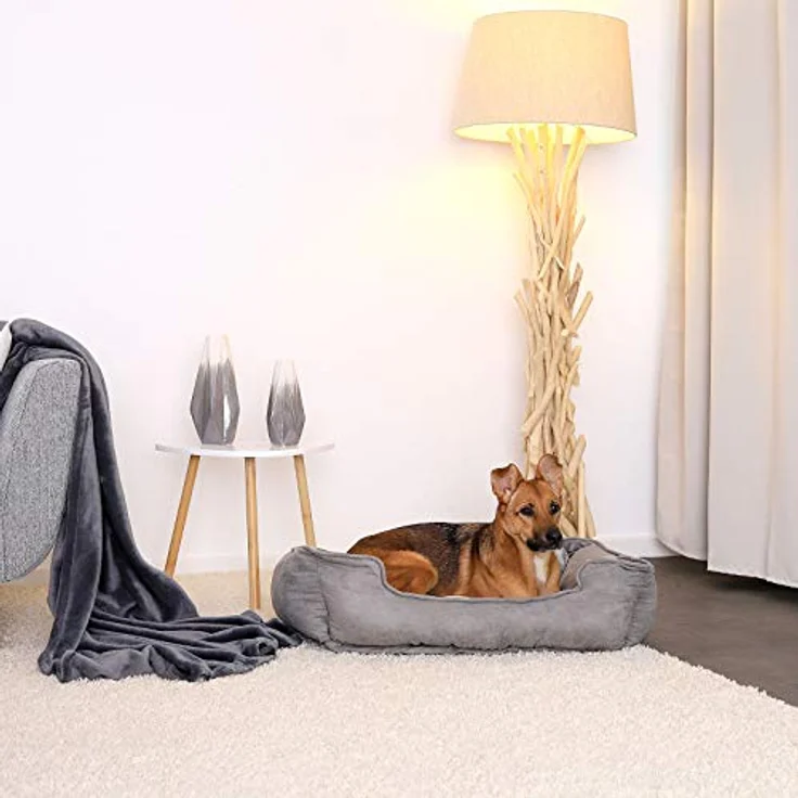 lionto Hundebett 2-in-1 mit komfortablem Einstieg, kuscheliges Heimtierbett zum Wenden für Hunde und Katzen, 80x60 cm, Hundekissen in pflegeleichter Wildlederoptik, grau – Bild 2