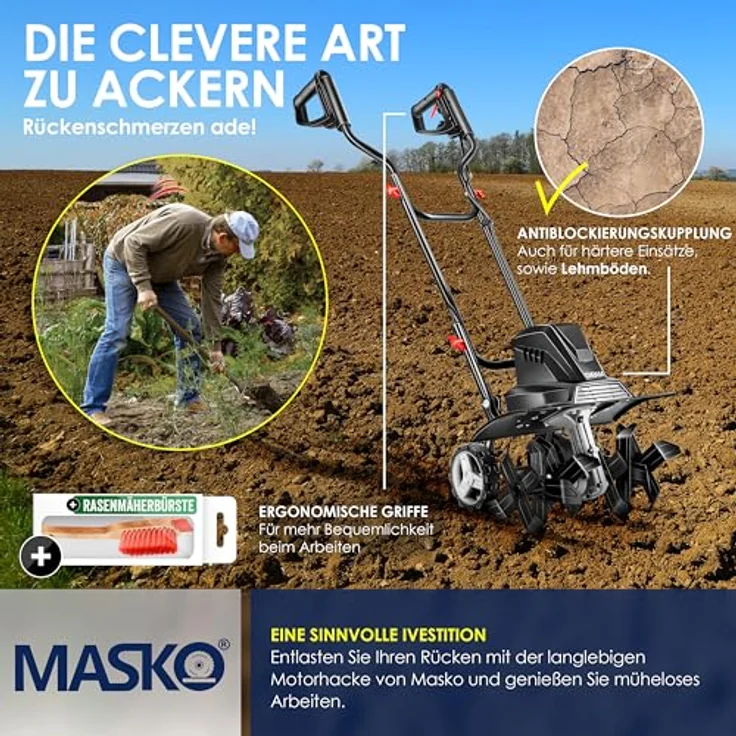 MASKO elektrische Motorhacke 1500 Watt, 40cm Arbeitsbreite, 20cm Arbeitstiefe, klappbarer Handgriff, Metallgehäuse, Transporträder Schwarz - Preisvergleich – Bild 6