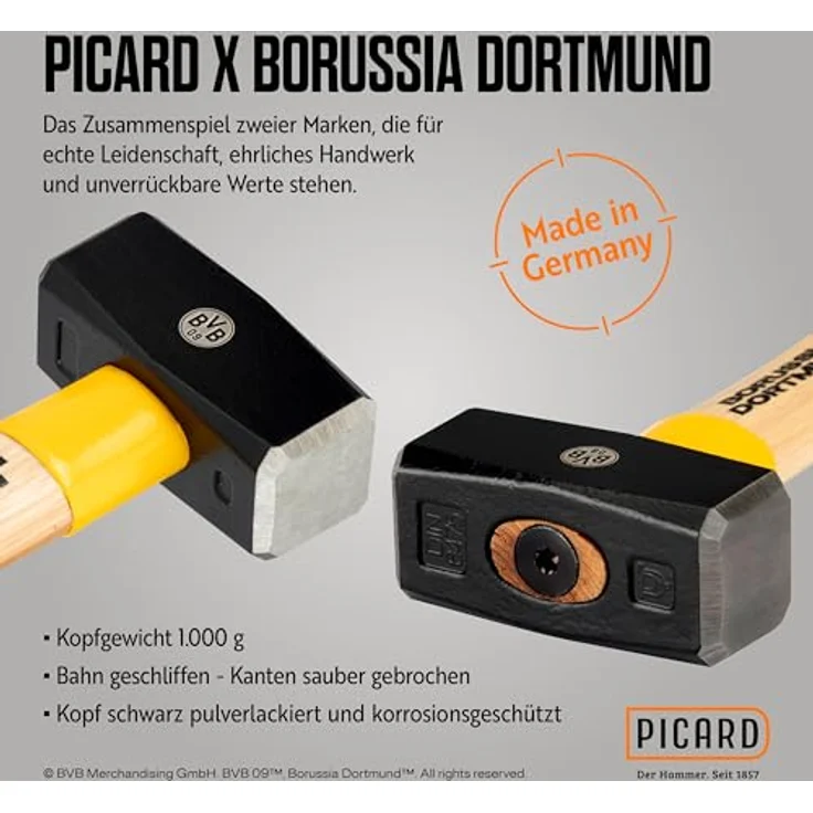 PICARD Hammer Fäustel 1.000g SecuTec HS 43, BVB-Look mit gelasertem Logo und Hickory-Stiel – Bild 3