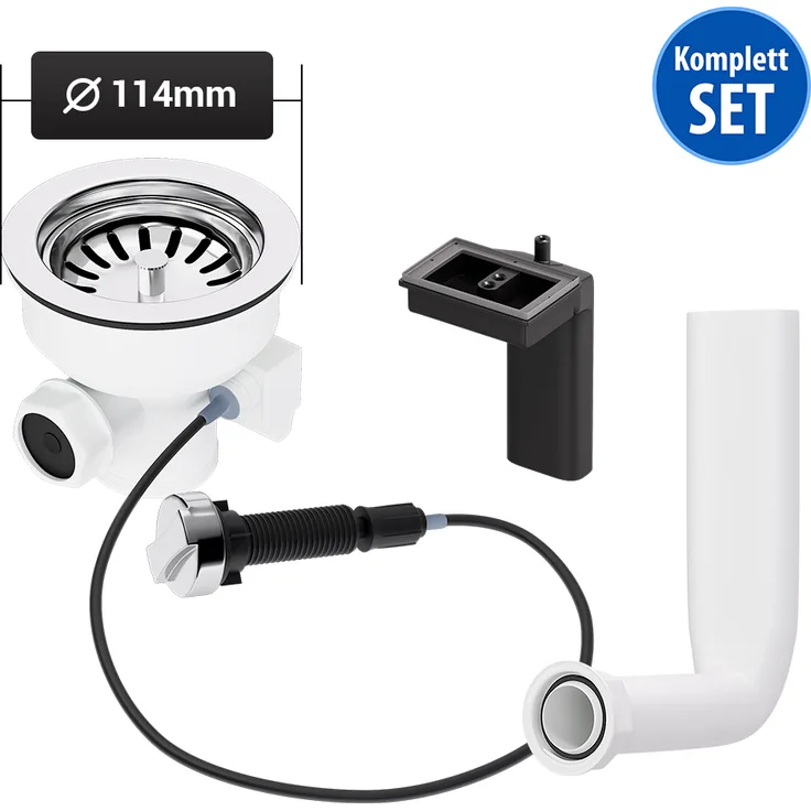 AquaDE Siebkorbventil Ø114mm mit Drehexcenter Raumschaffer und Abtropf-Überlauf für Spüle, rostfreier Edelstahl, weiß