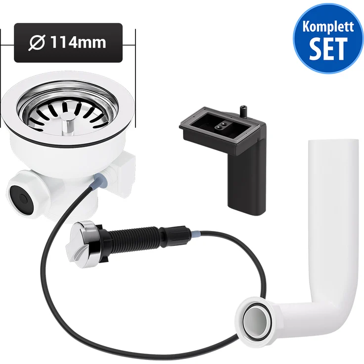 AquaDE Siebkorbventil Ø114mm mit Drehexcenter Raumschaffer und Abtropf-Überlauf für Spüle, rostfreier Edelstahl, weiß – Bild 1