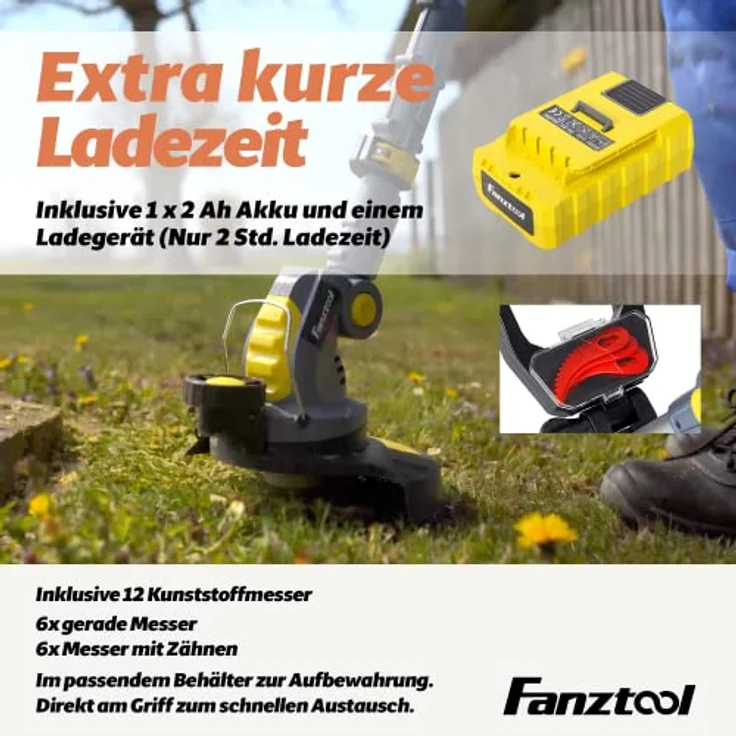 FANZTOOL Akku Rasentrimmer 20V, inkl. 2Ah Akku, Ladegerät, Gerade Messer für Glatt- und Feinschnitt Und gekrümmte Messer mit Zähnen für Grobschnitt – Bild 4