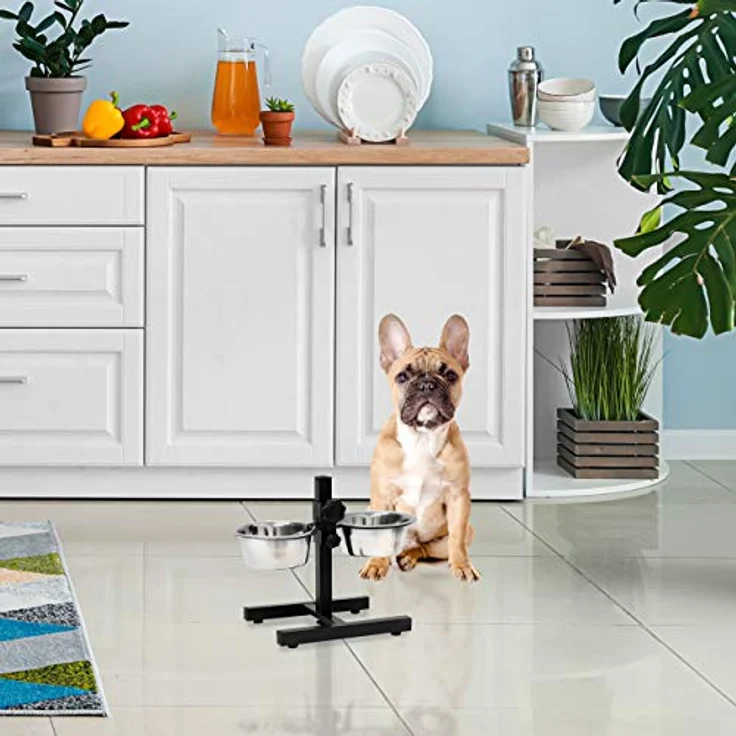 Relaxdays Futterstation Hund, 0,8l Edelstahlnäpfe, Napfständer höhenverstellbar HBT 27 x 36 x 21,5cm, rutschfest, silber – Bild 2
