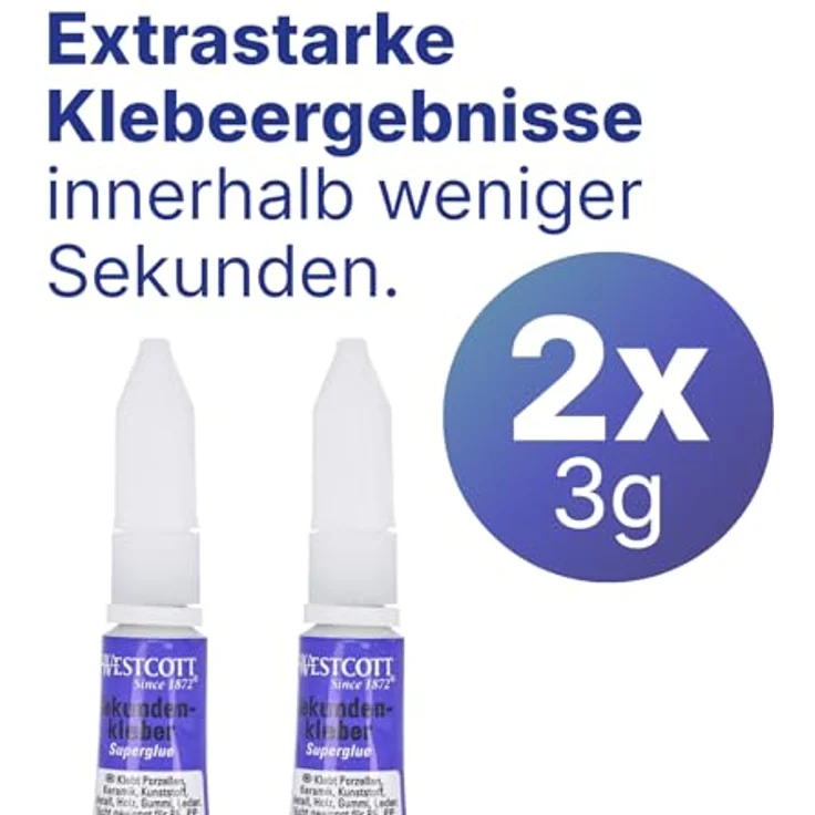 Westcott Sekundenkleber flüssig 3g (2er-Set) | Alleskleber extra stark für Porzellan, Keramik, Kunststoffe, Metall und Holz | Präzise Dosierung in hochwertigen Alutuben – Bild 2
