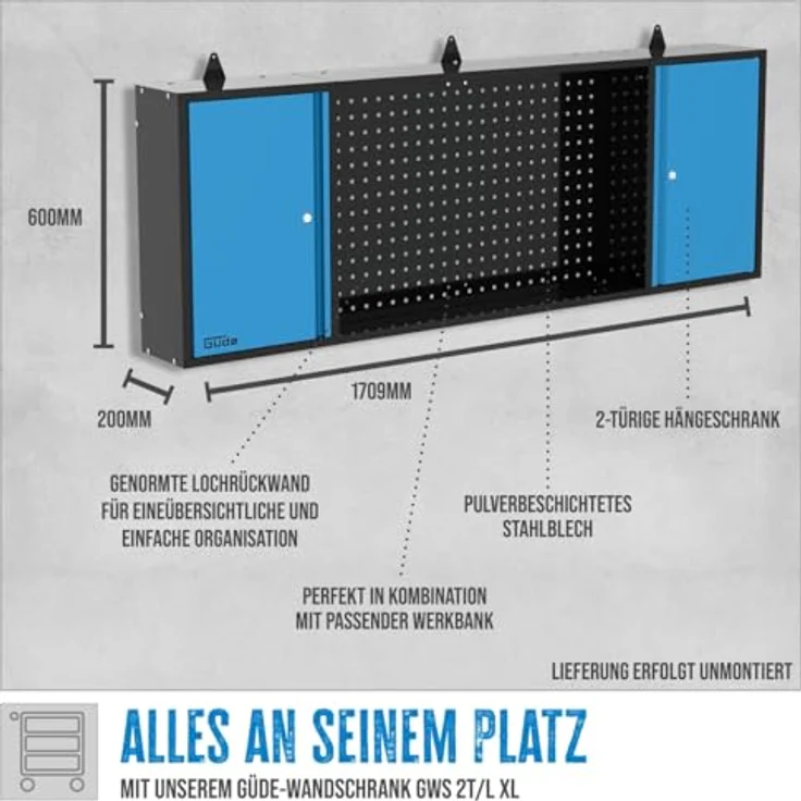 Güde Wandschrank GWS 2T/L XL, 2-türiger Werkzeugschrank mit 2 höhenverstellbaren Fachböden und integrierter Lochwand aus pulverbeschichtetem Stahlblech – Bild 2