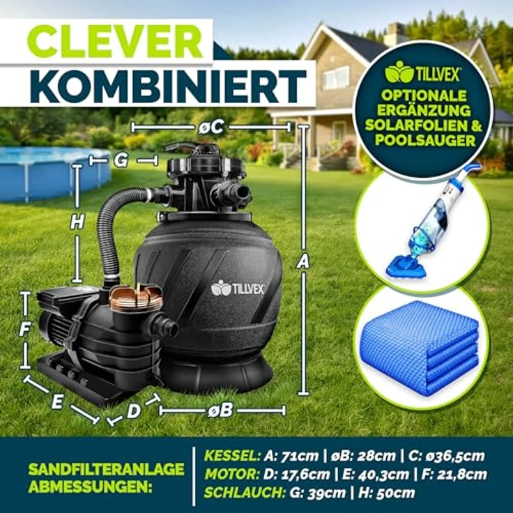 tillvex Sandfilteranlage 13.200L/h mit 1200g Filterbällen, selbstansaugend, 7-Wege Ventil & Adapter Ø32-38mm für Schwimmbecken bis 40.000L – Bild 2