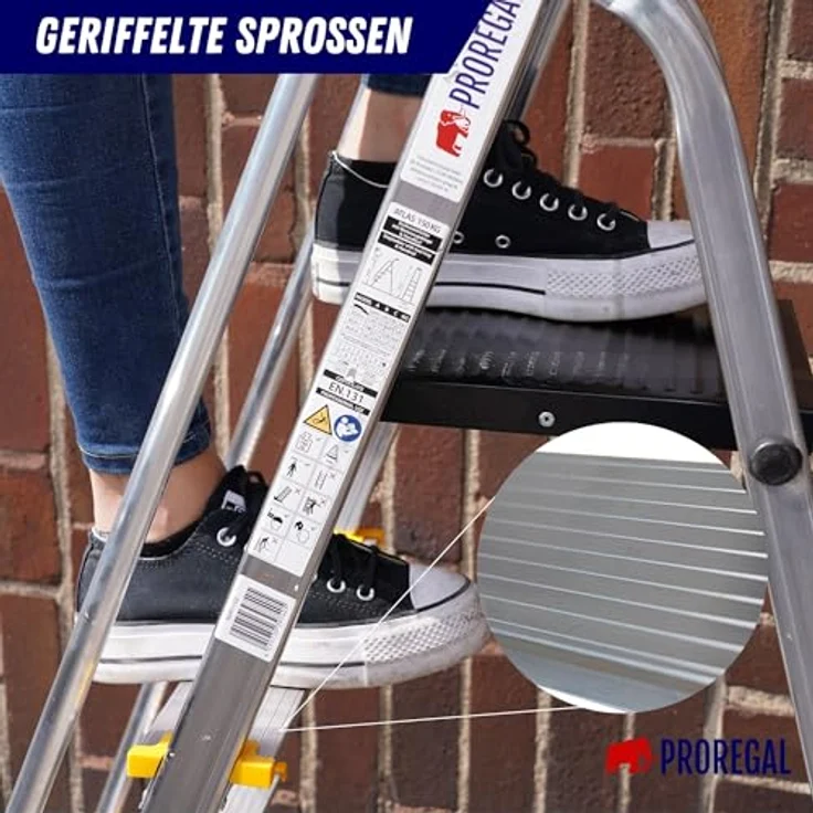 PROREGAL Stufenstehleiter Atlas, Aluminium Leiter mit Werkzeugablage & Handlauf, einseitig begehbar, 7 Stufen, Arbeitshöhe 3,40m, Traglast 150kg – Bild 5