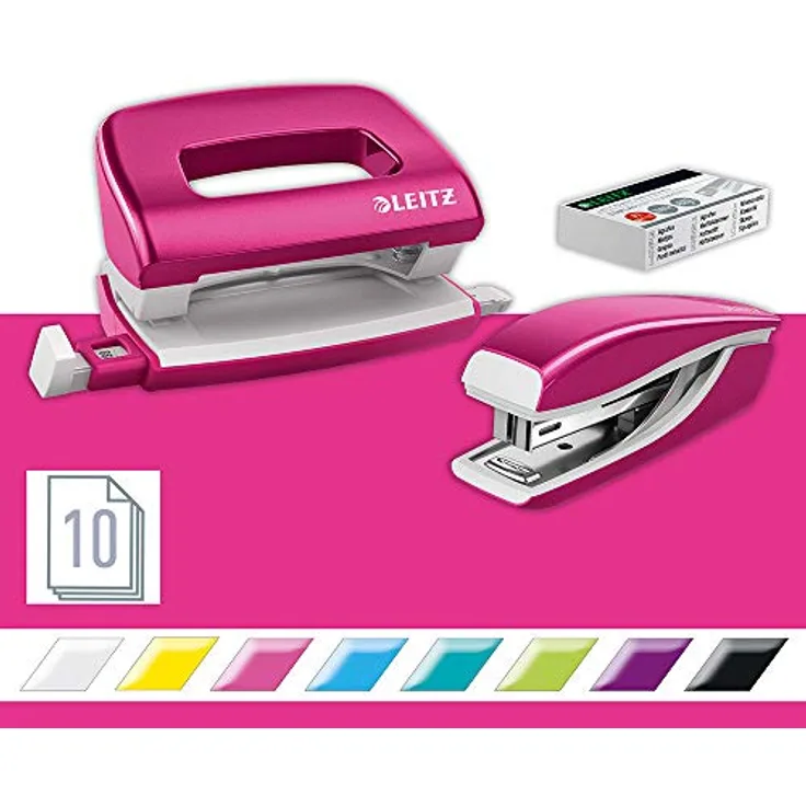 Leitz 55996023 Mini-Heftgerät-und Locher-Set (für bis zu 10 Blatt, Inkl. Heftklammern, WOW) metallic pink