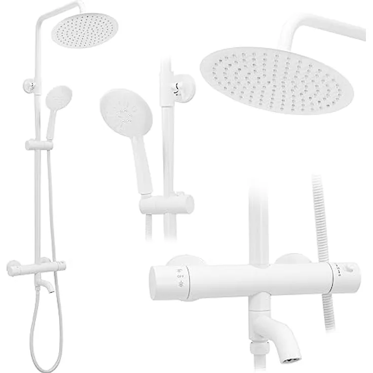 Rea Lungo White Thermostat Duschsystem, Duschset mit 25x25 cm Regendusche, Messing Duscharmatur, 150 cm Schlauch für Badezimmer